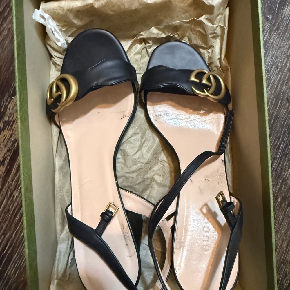 Gucci Black Sandals with Gold Buckles